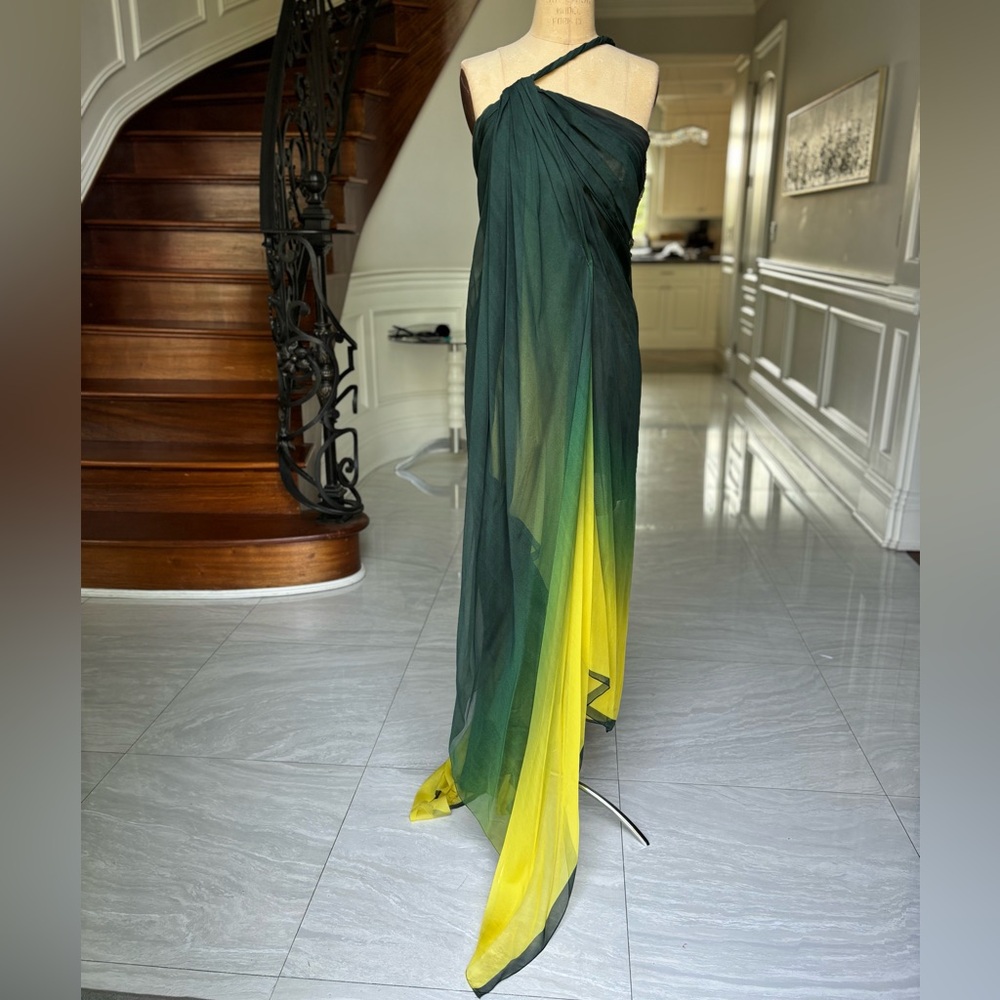 Oscar de la Renta One Shoulder Silk Chiffon Green and Yellow Asymmetric Dress